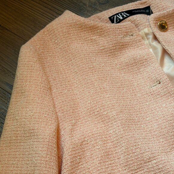 Zara Pink White Tweed Boucle Cropped Blazer - Small - Picture 6 of 12